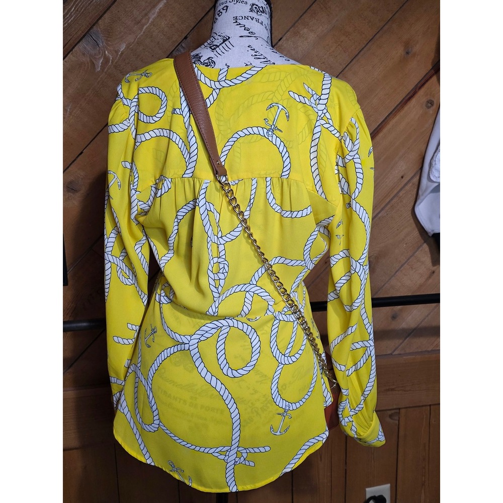 Yellow Nautical Rope Anchor Print Tie Front V-Neck‎ Long Sleeve Blouse Top Women - Picture 3 of 4